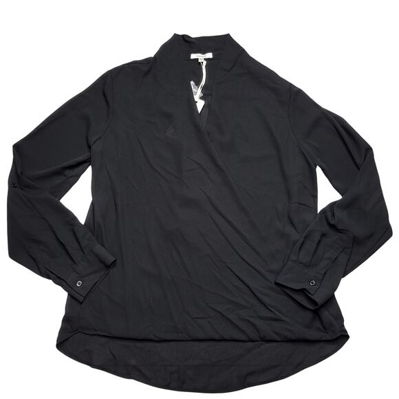 Pleione Black Surplice Faux Wrap Top Long 3/4 Roll Tab Sleeves V Neck Medium - Picture 3 of 9